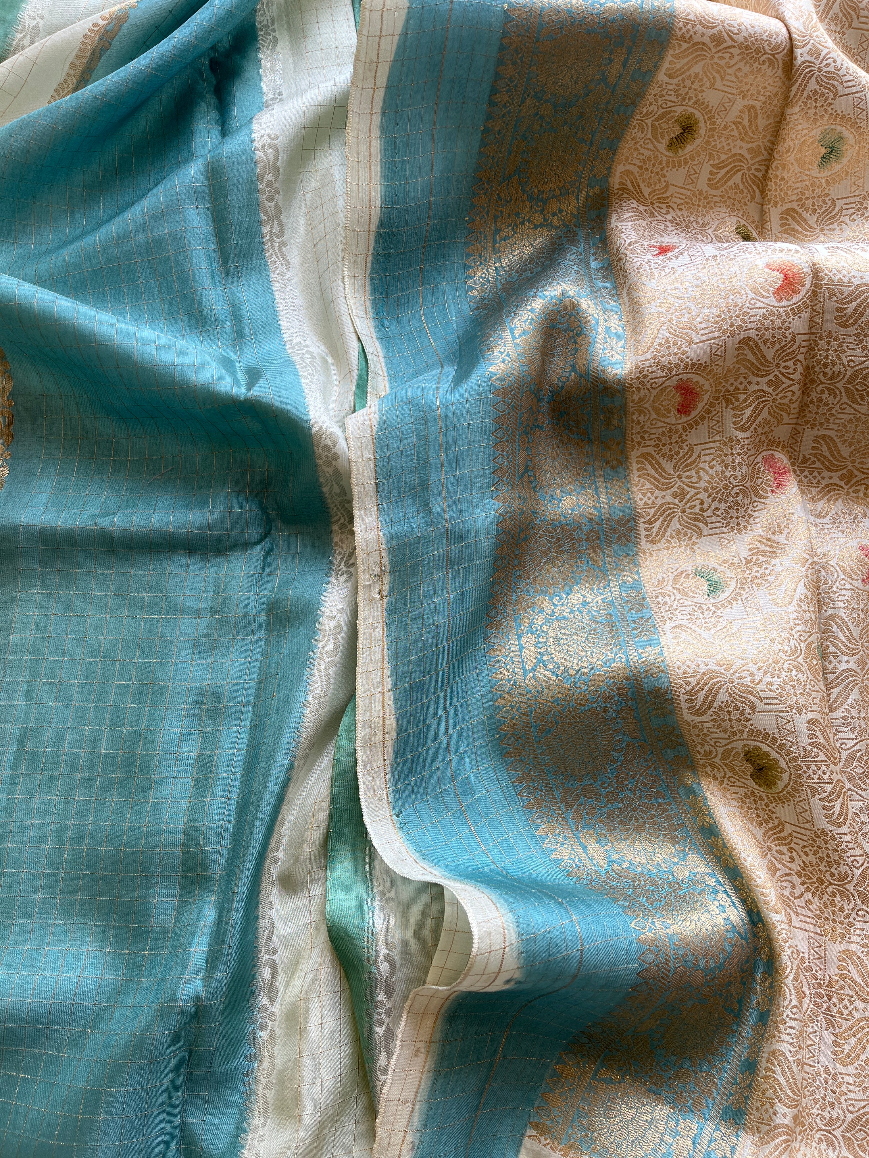 Blue and Green Viscose Silk Saree